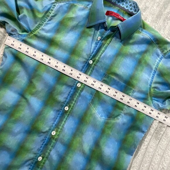 Georg Roth Shirt Mens S Plaid Ombre Flip Cuff Blue Green Button Up 100% Cotton - Picture 8 of 11
